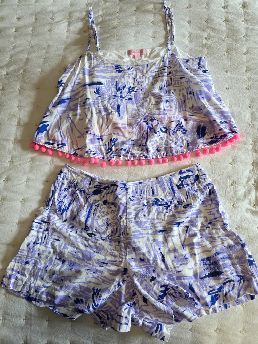 Lilly Pulitzer White & Blue Floral Two-Piece Pink Pom Trim